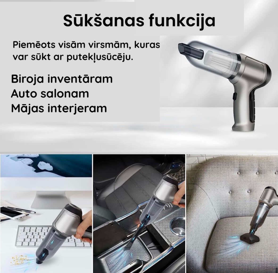 Jaudīgs 60 W bezvadu mini putekļusūcējs