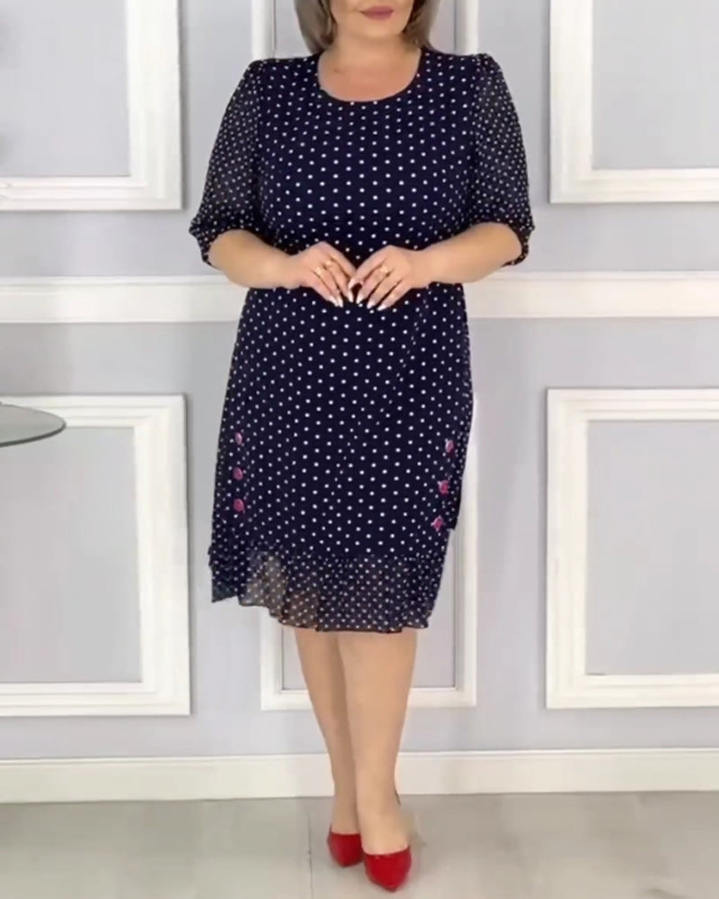 👗 Eleganta pusmēneša piedurkņu kleita ar punktu rakstu