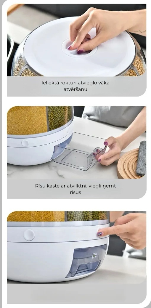 360° Rotējošs graudu dozators – uzturiet kārtību un efektīvu virtuves organizāciju