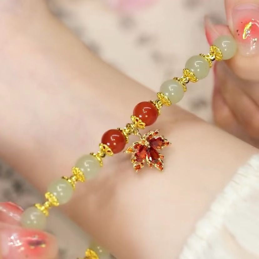 🍃💚 Hetianas nefrīta rokassprādze ar zelta lapas rotājumu