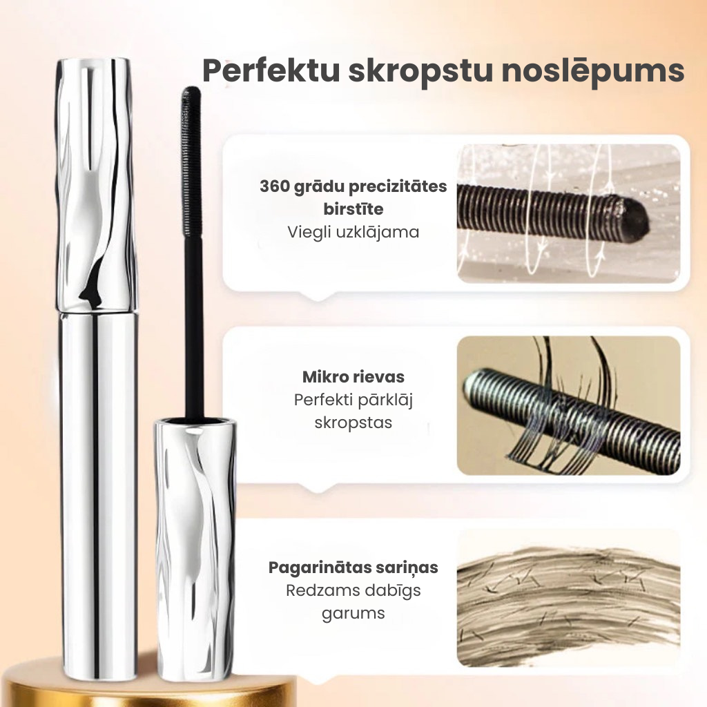 Ilgi­nā­jošā ūdens­iz­turīgā skropstu tuša – bagāti­na­ta ar šķied­rām, kas piešķir inten­sīvu izliekumu un dabisku efektu bez kunkuļiem 💄👁️